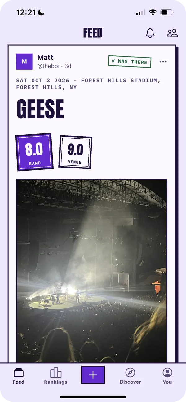 The Sound & Scene feed: a friend's post scoring Geese at Forest Hills Stadium, 8.0 for the band and 9.0 for the venue, with a photo from the show.