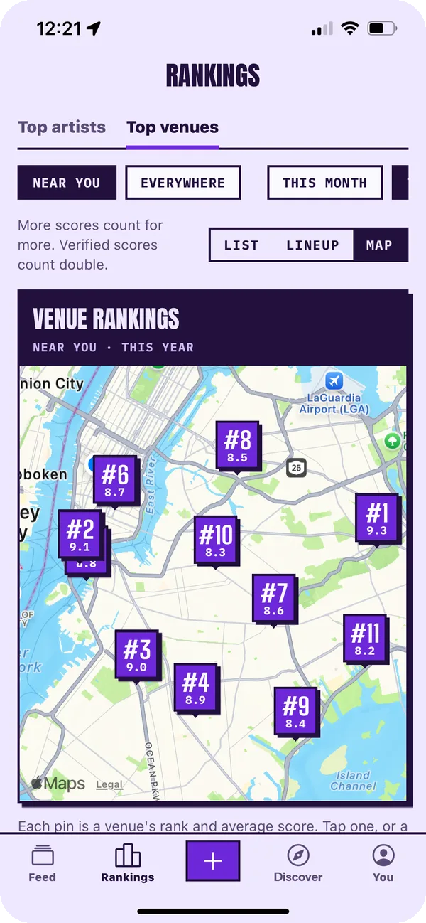A map of New York venues, each pin showing its rank and average score.